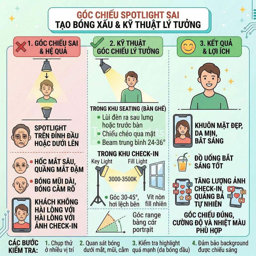 Infographic hướng dẫn góc chiếu đèn spotlight đúng sai để chụp ảnh chân dung và check in đẹp hơn