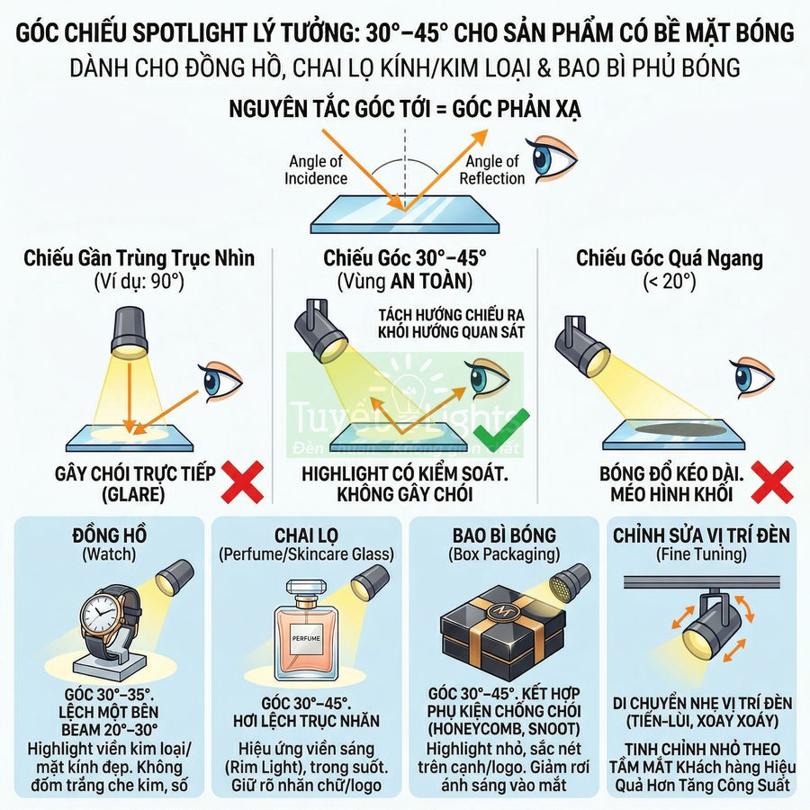 Hướng dẫn chiếu đèn spotlight 30–45 độ để làm nổi bật đồng hồ, chai lọ thủy tinh và hộp bao bì bóng khi chụp sản phẩm