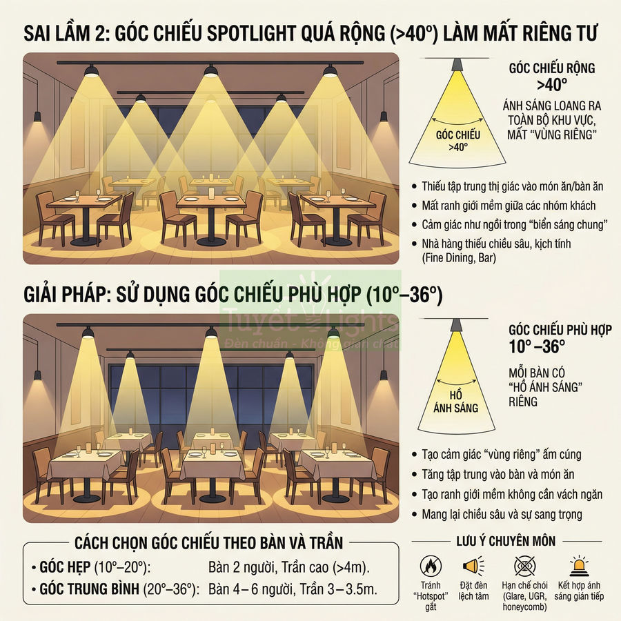 Minh họa so sánh góc chiếu đèn spotlight rộng và góc chiếu phù hợp cho bàn ăn trong nhà hàng