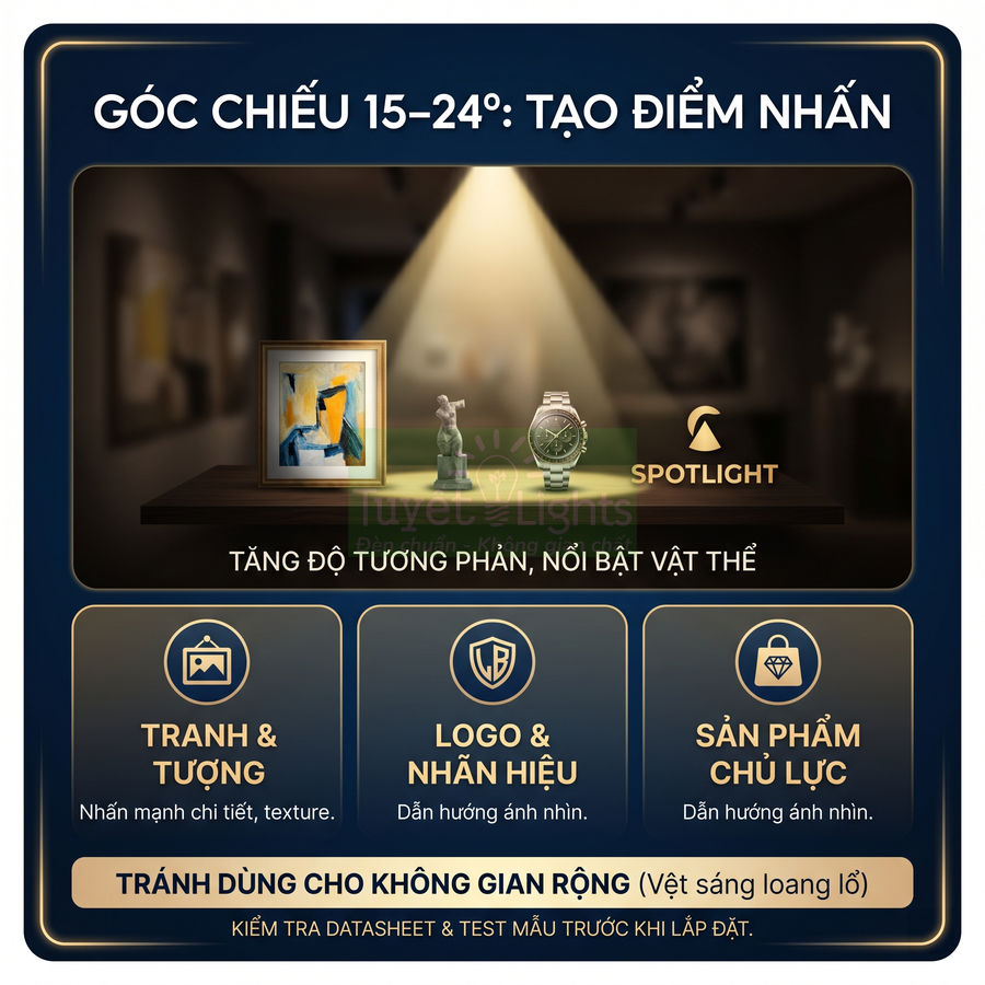 Đèn spotlight chiếu góc 15–24 độ làm nổi bật tranh, tượng và đồng hồ trưng bày trên kệ