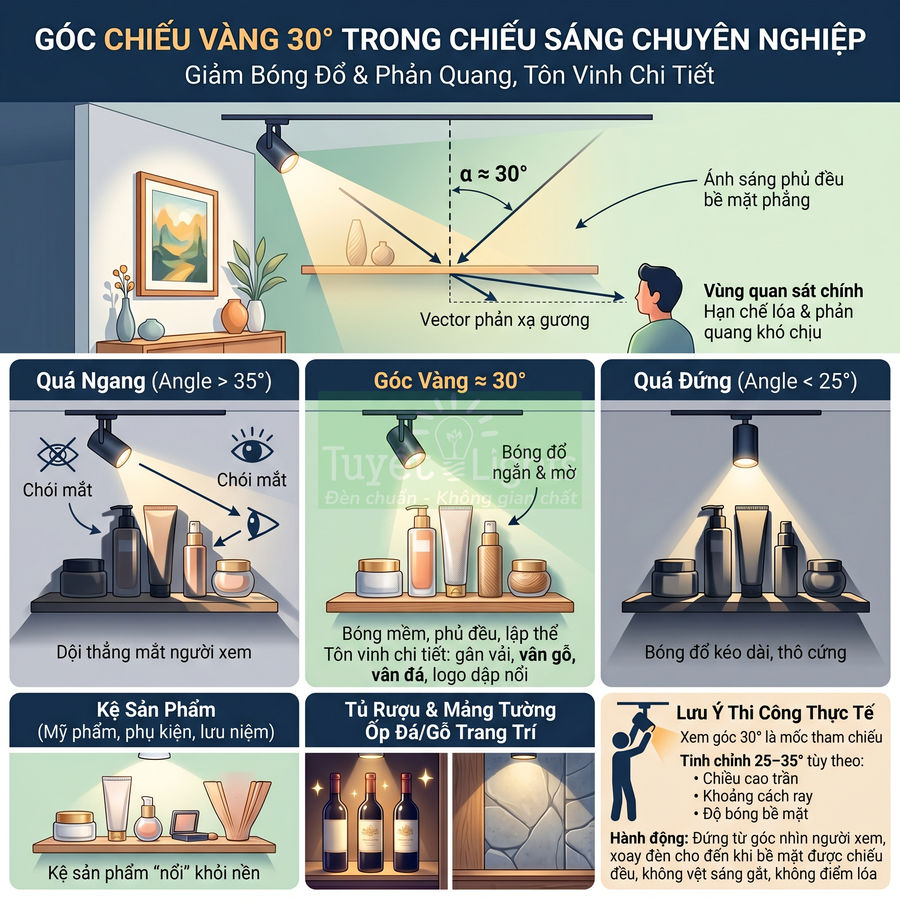 Infographic hướng dẫn góc chiếu đèn rọi 30 độ để làm nổi bật kệ trưng bày mỹ phẩm và chai rượu