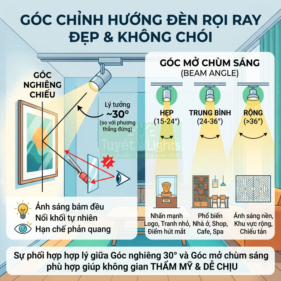 Hướng dẫn chỉnh góc đèn rọi ray Tuyết Lights với các mức góc chiếu và góc mở chùm sáng cho không gian nội thất
