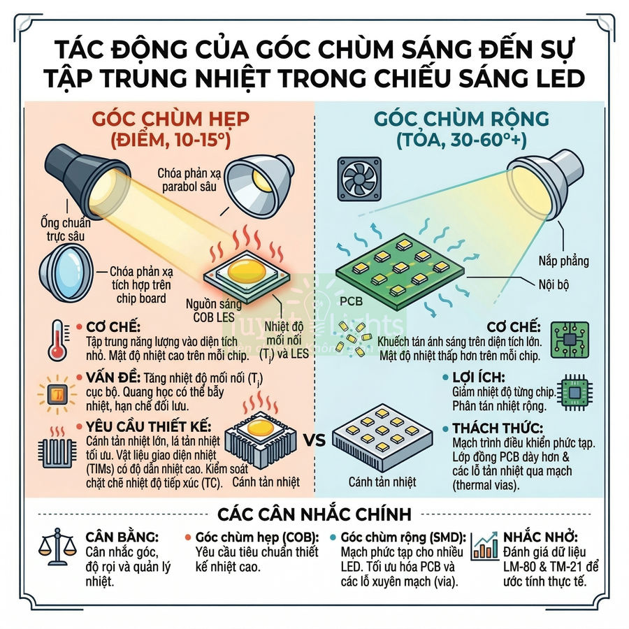 Infographic so sánh góc chùm hẹp và góc chùm rộng trong chiếu sáng LED và ảnh hưởng đến tản nhiệt