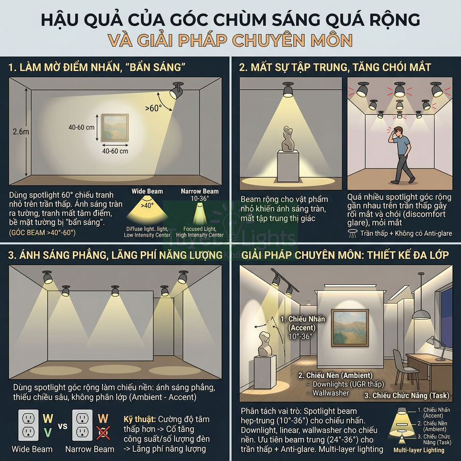 Infographic hậu quả góc chùm sáng đèn spotlight quá rộng và giải pháp thiết kế chiếu sáng đa lớp