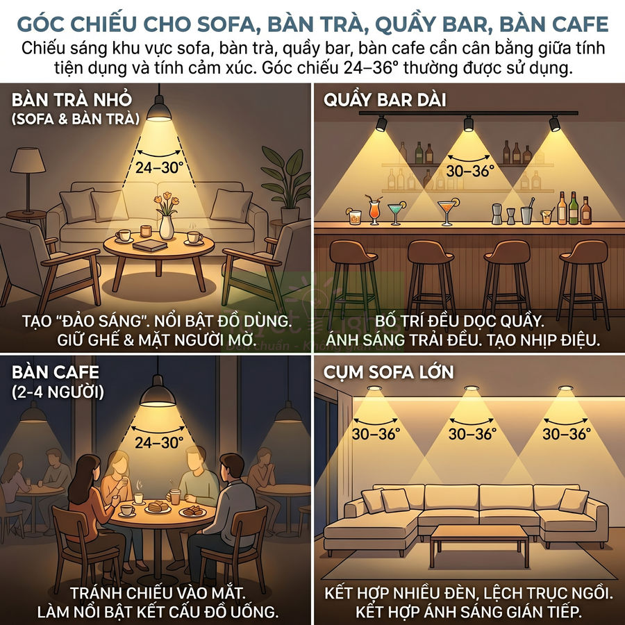 Minh họa các kiểu bố trí đèn chiếu sáng cho sofa, bàn trà, quầy bar và bàn cafe với góc chiếu tối ưu