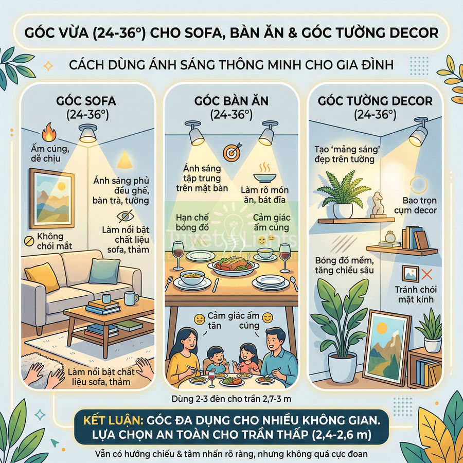 Minh họa cách bố trí đèn trần chiếu sáng góc sofa, bàn ăn và góc tường decor trong phòng khách gia đình