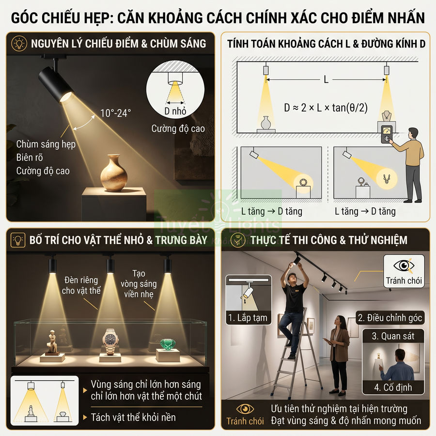 Đèn rọi ray chiếu điểm trưng bày hiện vật trong tủ kính và trên tường, hướng dẫn bố trí góc chiếu hẹp tạo điểm nhấn