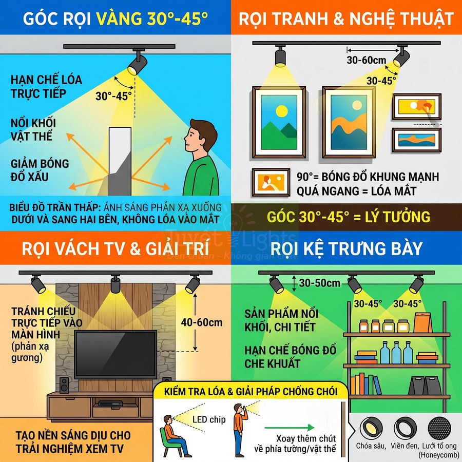 Hướng dẫn sử dụng đèn rọi ray chống chói chiếu tranh, tivi và kệ trưng bày ở góc 30 đến 45 độ