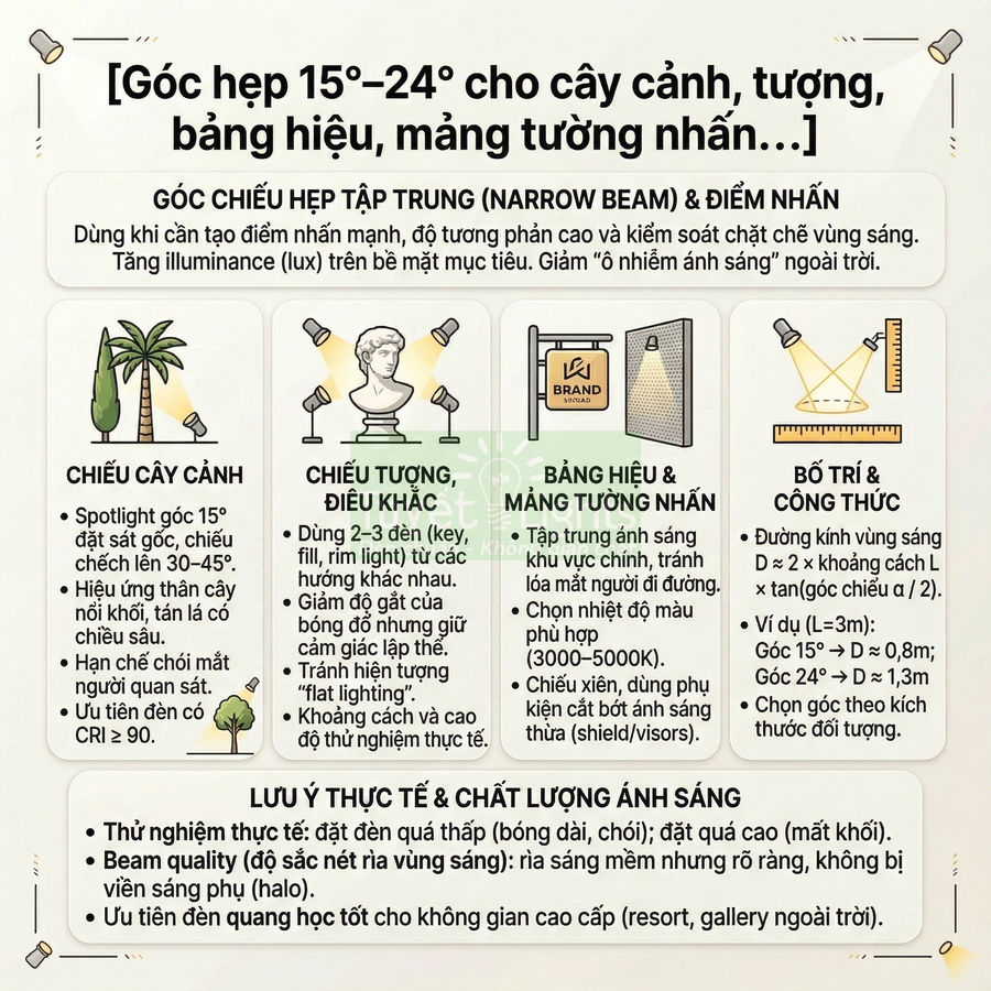 Hướng dẫn chọn góc chiếu hẹp 15–24 độ cho đèn spotlight chiếu cây cảnh, tượng, bảng hiệu và mảng tường nhấn