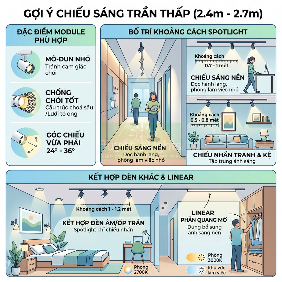 Minh họa gợi ý bố trí đèn spotlight và đèn linear cho trần nhà thấp trong phòng ngủ, hành lang và phòng khách