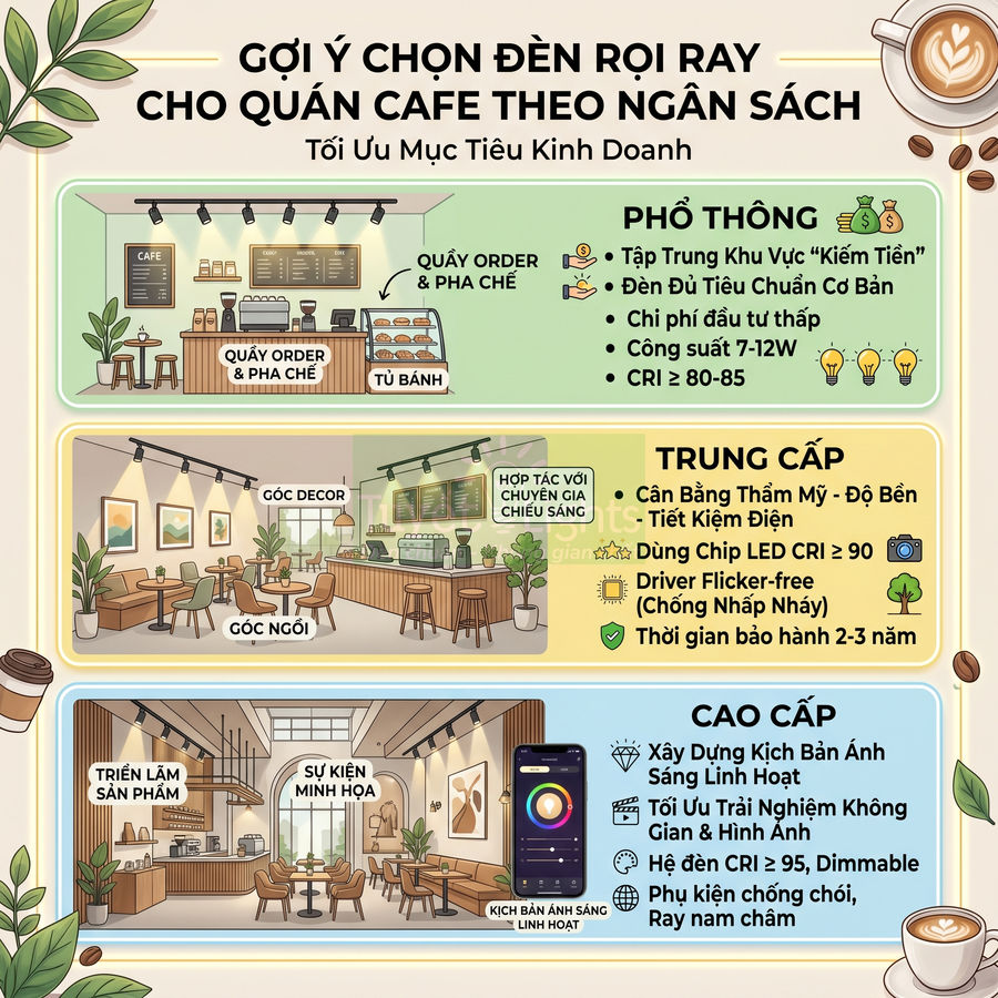 Infographic gợi ý chọn đèn rọi ray cho quán cafe theo ngân sách với ba gói phổ thông trung cấp cao cấp