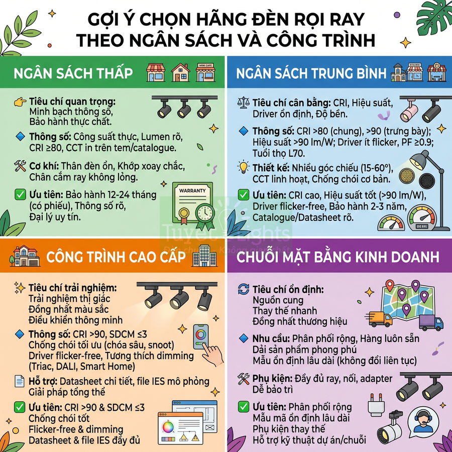 Hướng dẫn chọn đèn rọi ray theo ngân sách và công trình, so sánh tiêu chí kỹ thuật và ưu tiên cho từng phân khúc