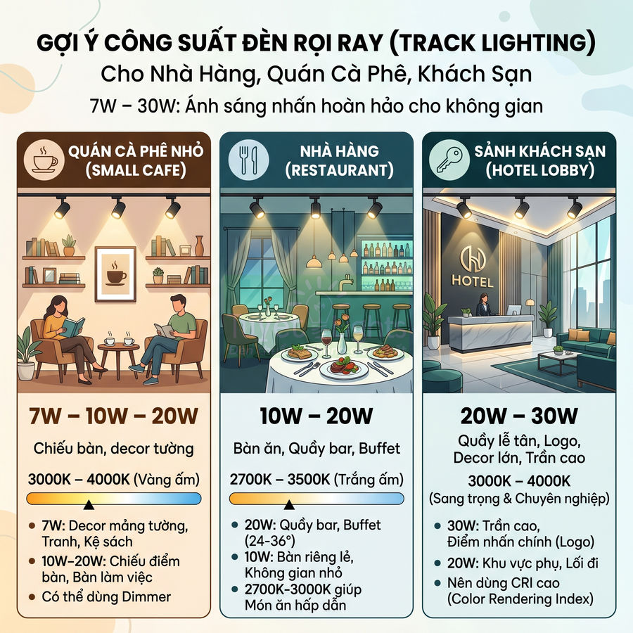 Gợi ý công suất đèn rọi ray cho quán cà phê nhỏ, nhà hàng và sảnh khách sạn với mức W và nhiệt độ màu phù hợp