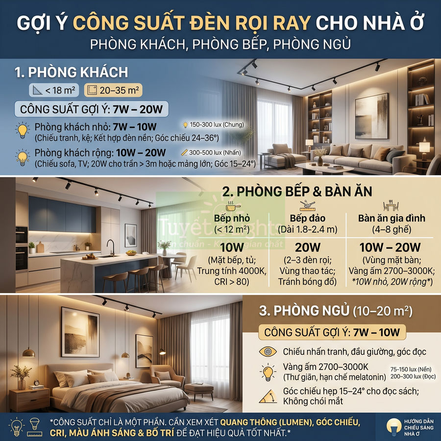 Gợi ý công suất đèn rọi ray cho phòng khách, phòng bếp, phòng ngủ trong căn hộ hiện đại