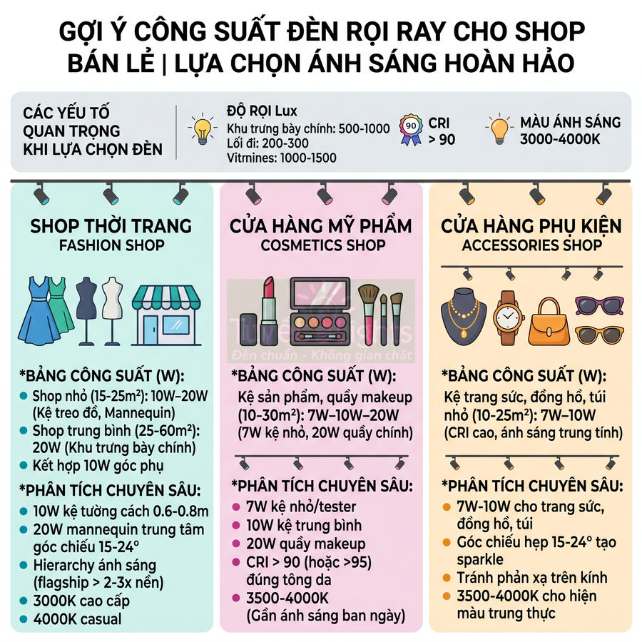 Infographic hướng dẫn chọn công suất đèn rọi ray cho shop thời trang, mỹ phẩm và phụ kiện bán lẻ