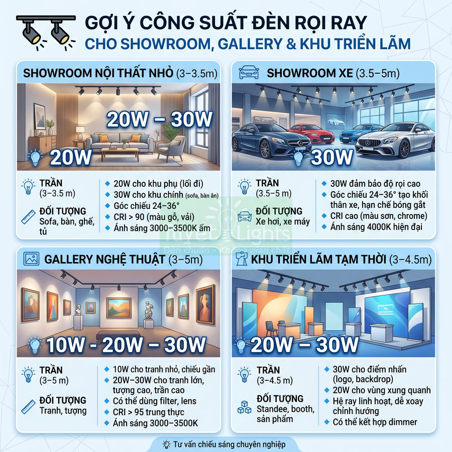 Gợi ý công suất đèn rọi ray cho showroom nội thất, showroom xe, gallery nghệ thuật và khu triển lãm tạm thời