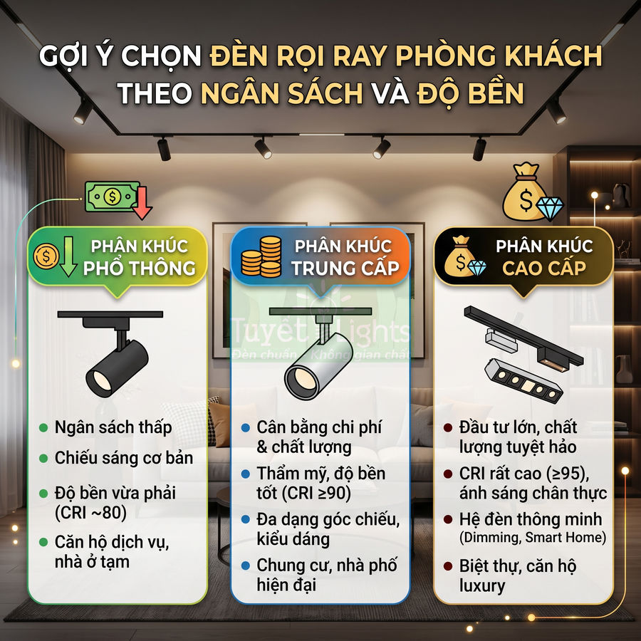 Đèn rọi ray phòng khách phân khúc phổ thông, trung cấp và cao cấp theo ngân sách và độ bền