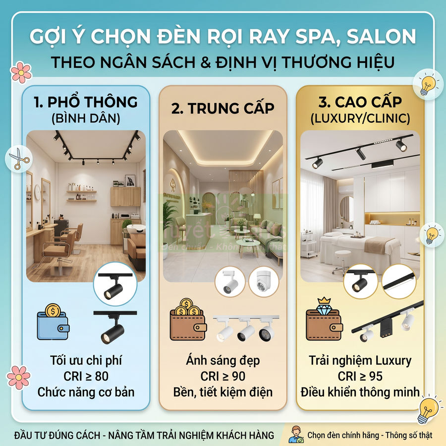 Gợi ý chọn đèn rọi ray cho spa salon với ba phân khúc phổ thông trung cấp và cao cấp