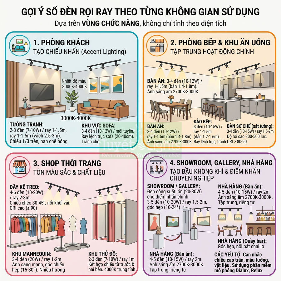 Infographic gợi ý số lượng và công suất đèn rọi ray cho phòng khách, bếp, shop thời trang, showroom và nhà hàng