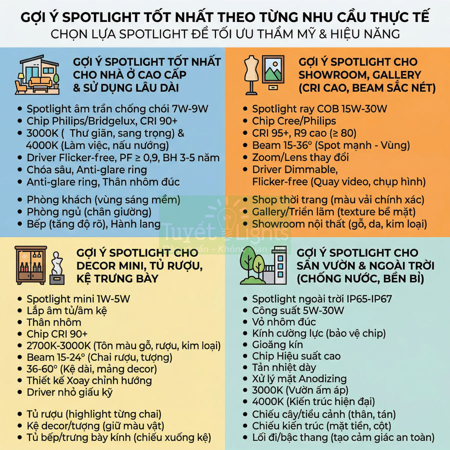 Infographic gợi ý chọn đèn spotlight Tuyết Lights cho nhà ở, showroom, decor tủ kệ và sân vườn ngoài trời
