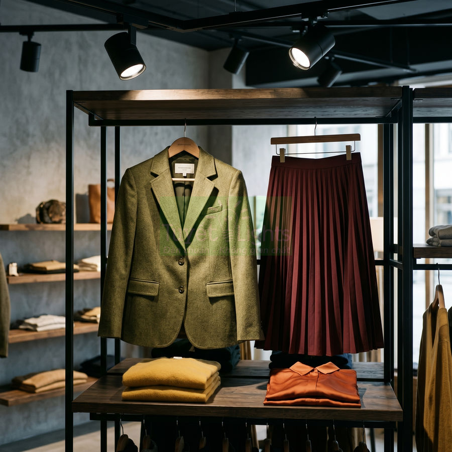 Áo blazer xanh rêu và chân váy xếp ly đỏ đô trưng bày trên kệ trong cửa hàng thời trang nữ