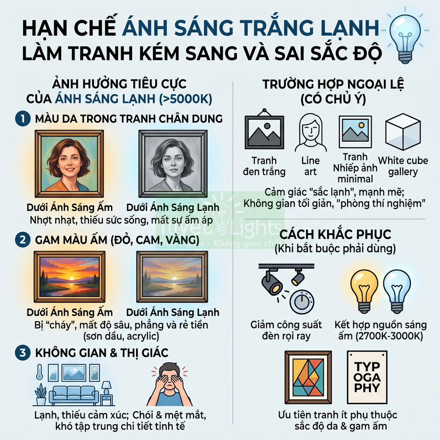 Infographic hướng dẫn hạn chế dùng ánh sáng trắng lạnh để trưng bày tranh và chọn nhiệt độ màu đèn phù hợp