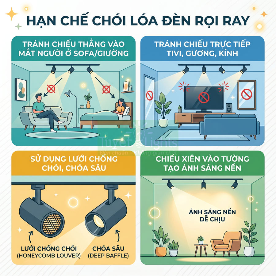 Hướng dẫn sử dụng đèn rọi ray chống chói cho phòng khách và phòng ngủ, chiếu xiên tường tạo ánh sáng nền dễ chịu