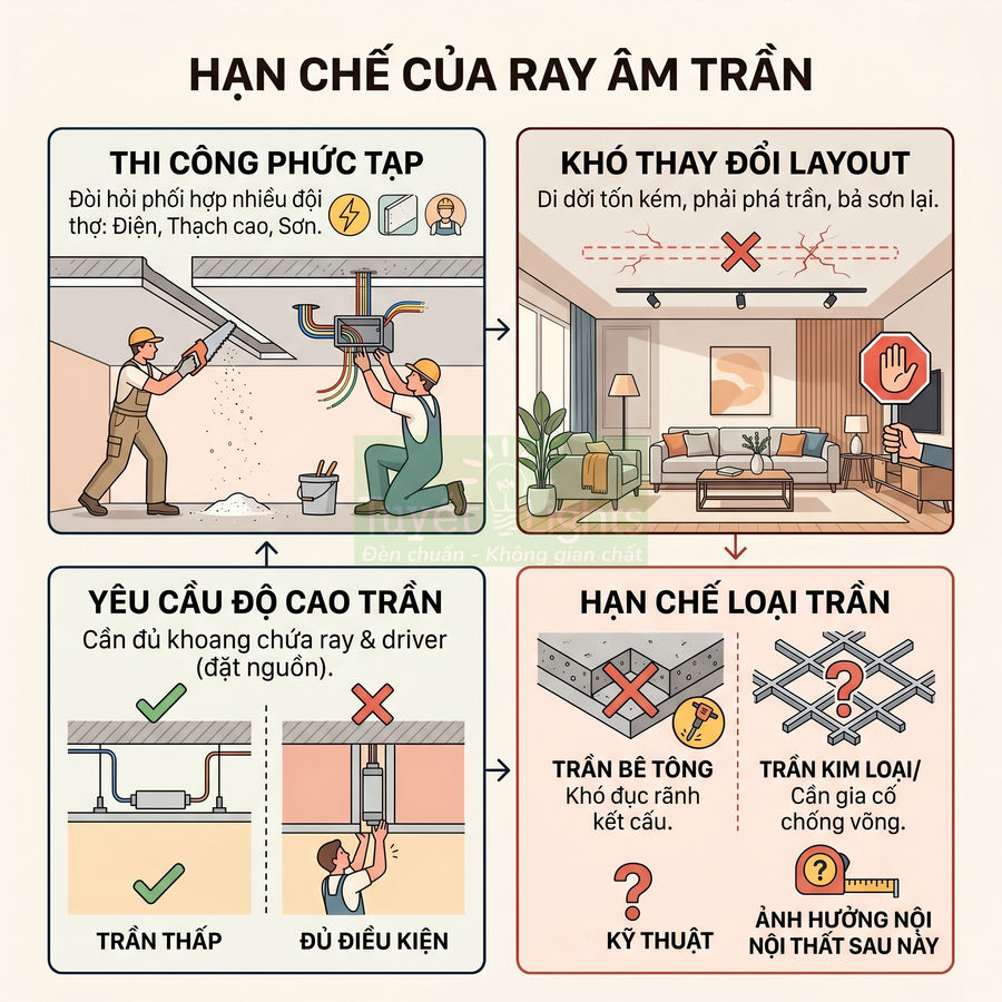 Minh họa các hạn chế của hệ thống ray âm trần trong thi công và lắp đặt trần nhà