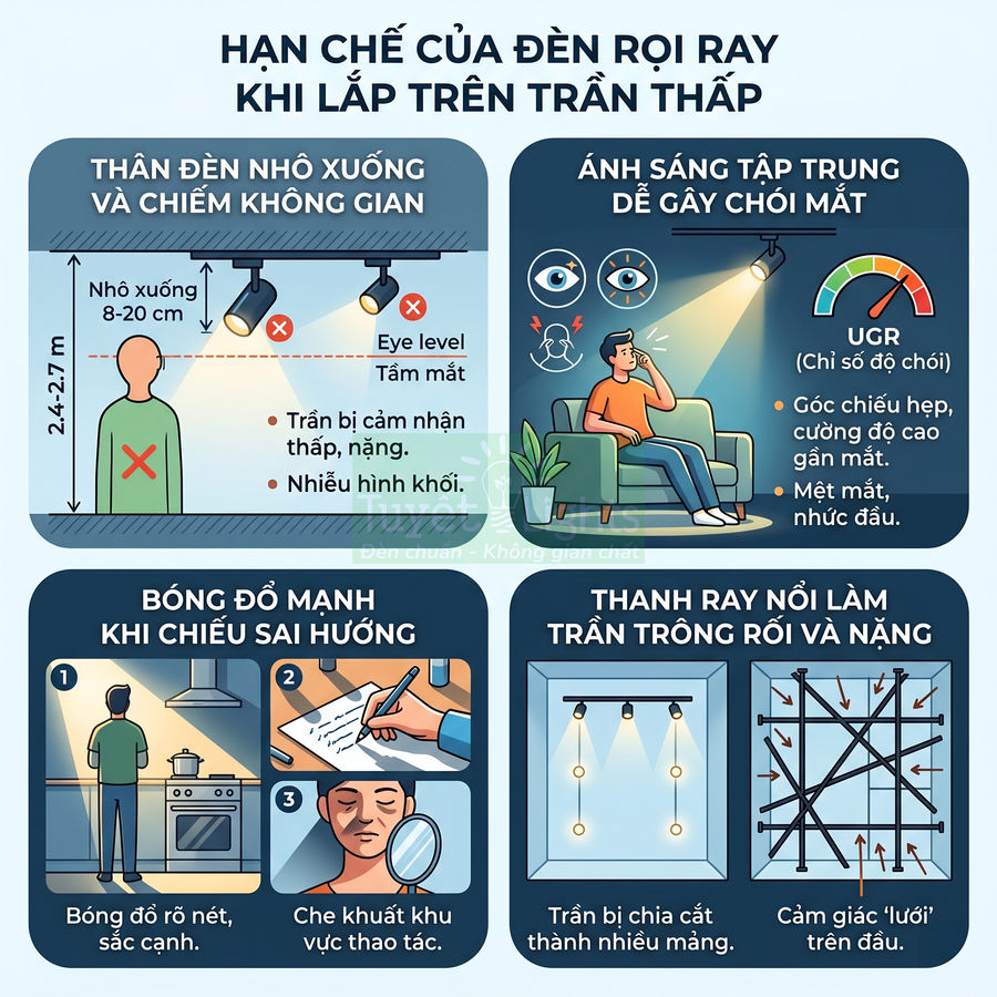 Infographic minh họa các hạn chế của đèn rọi ray khi lắp trên trần thấp trong phòng khách và bếp