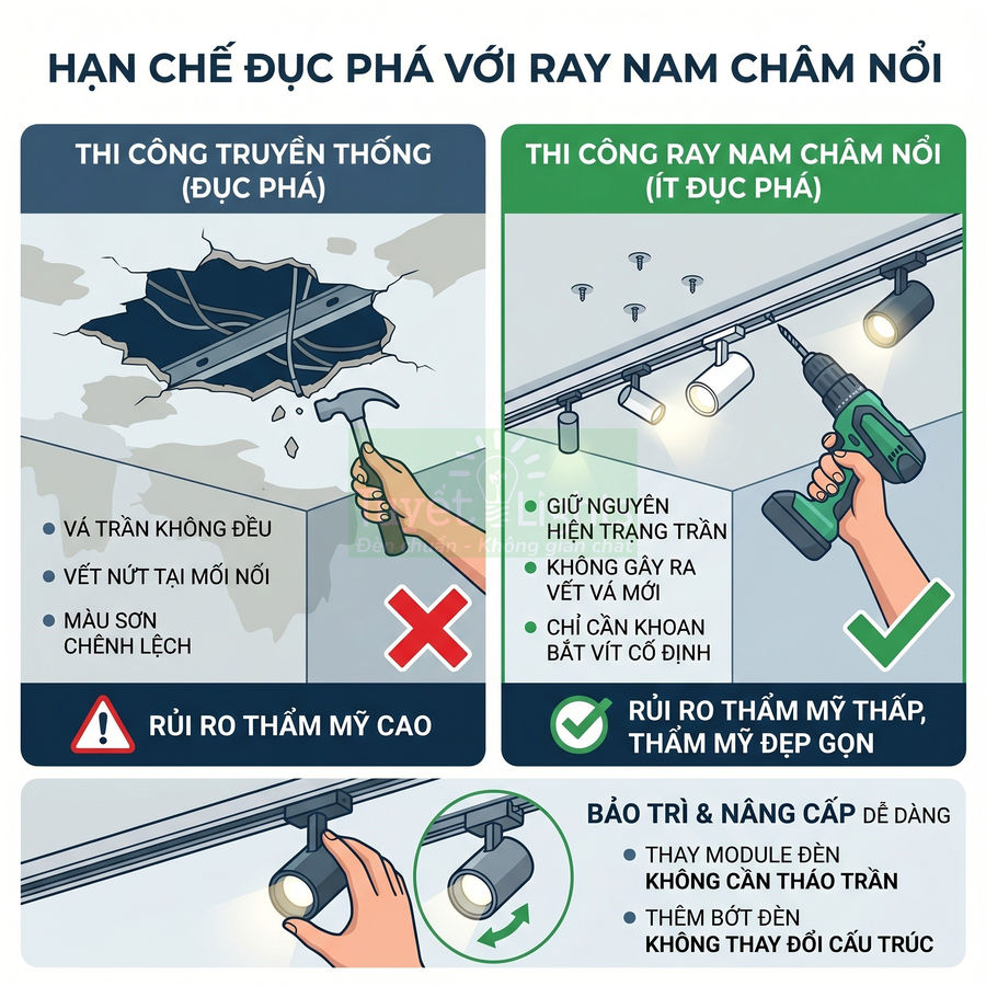 So sánh thi công trần với ray nam châm nổi ít đục phá, lắp đèn rọi ray dễ dàng, thẩm mỹ cao, bảo trì nâng cấp tiện lợi