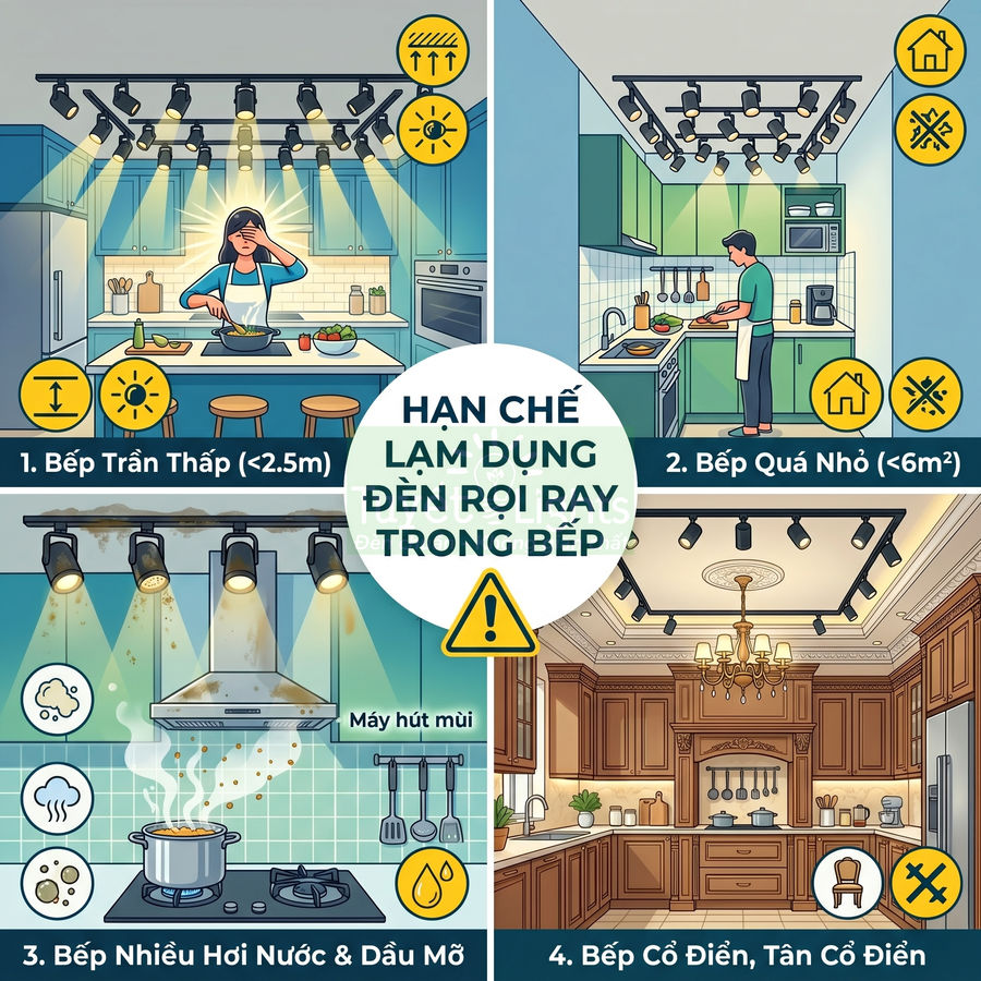 Minh họa các kiểu bếp gia đình lắp đèn rọi ray và cảnh báo hạn chế lạm dụng đèn rọi ray trong bếp