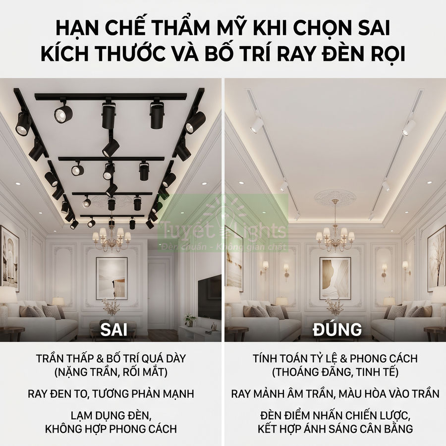 So sánh bố trí ray đèn rọi trần sai và đúng trong phòng khách tân cổ điển sang trọng