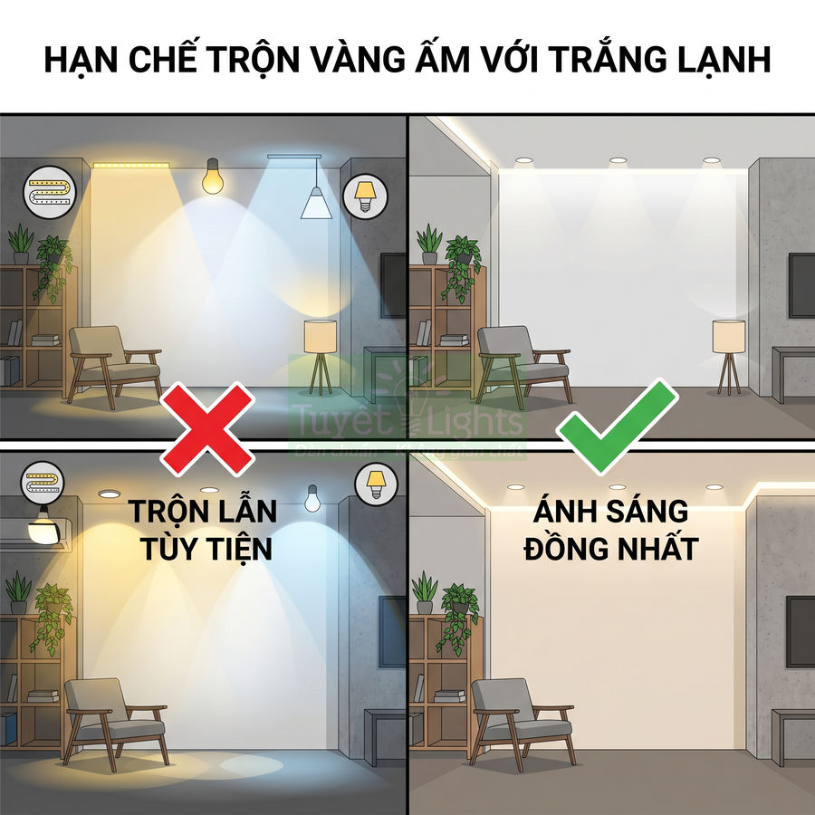 Minh họa phòng khách so sánh trộn đèn vàng ấm với trắng lạnh và cách chọn ánh sáng đồng nhất