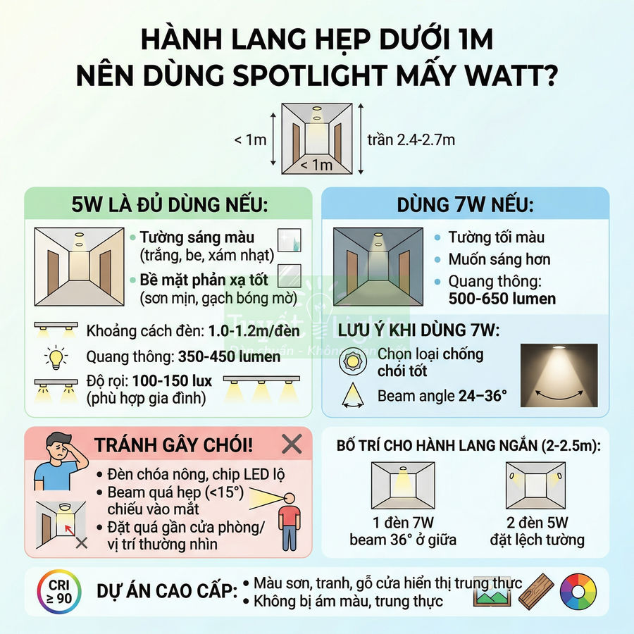 Hướng dẫn chọn đèn spotlight 5W hoặc 7W cho hành lang hẹp dưới 1m và cách bố trí chống chói