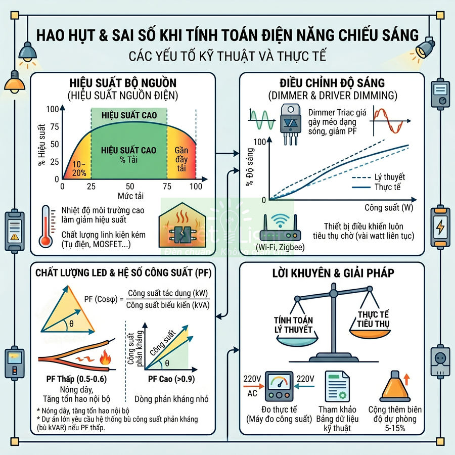 Infographic tiếng Việt về hao hụt và sai số khi tính toán điện năng chiếu sáng và các giải pháp tối ưu