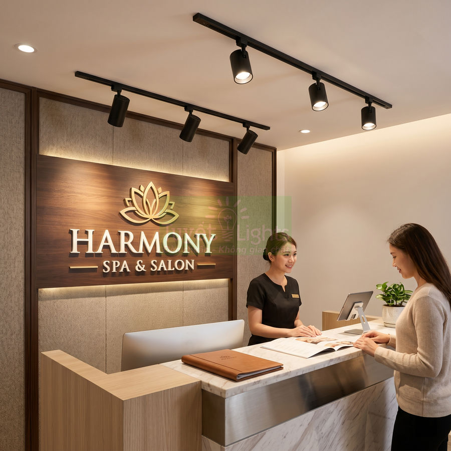 Quầy lễ tân Harmony Spa and Salon với nhân viên tư vấn cho khách trong không gian sang trọng