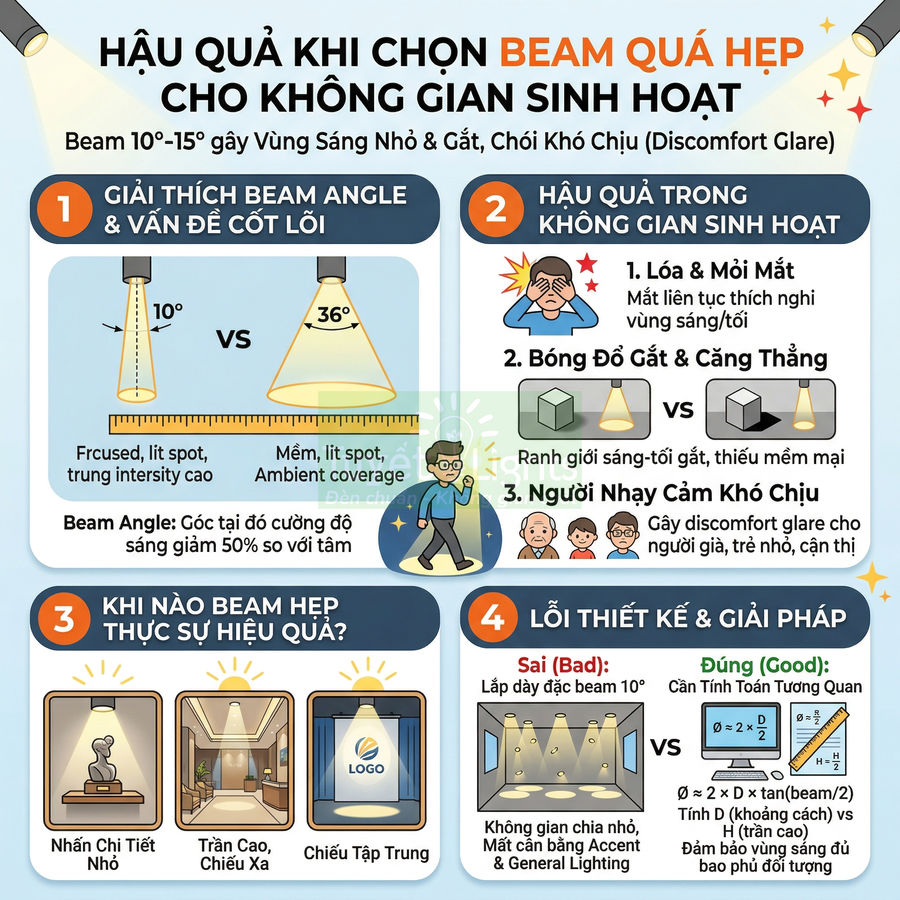 Infographic giải thích hậu quả chọn góc chiếu beam hẹp cho đèn chiếu sáng trong không gian sinh hoạt