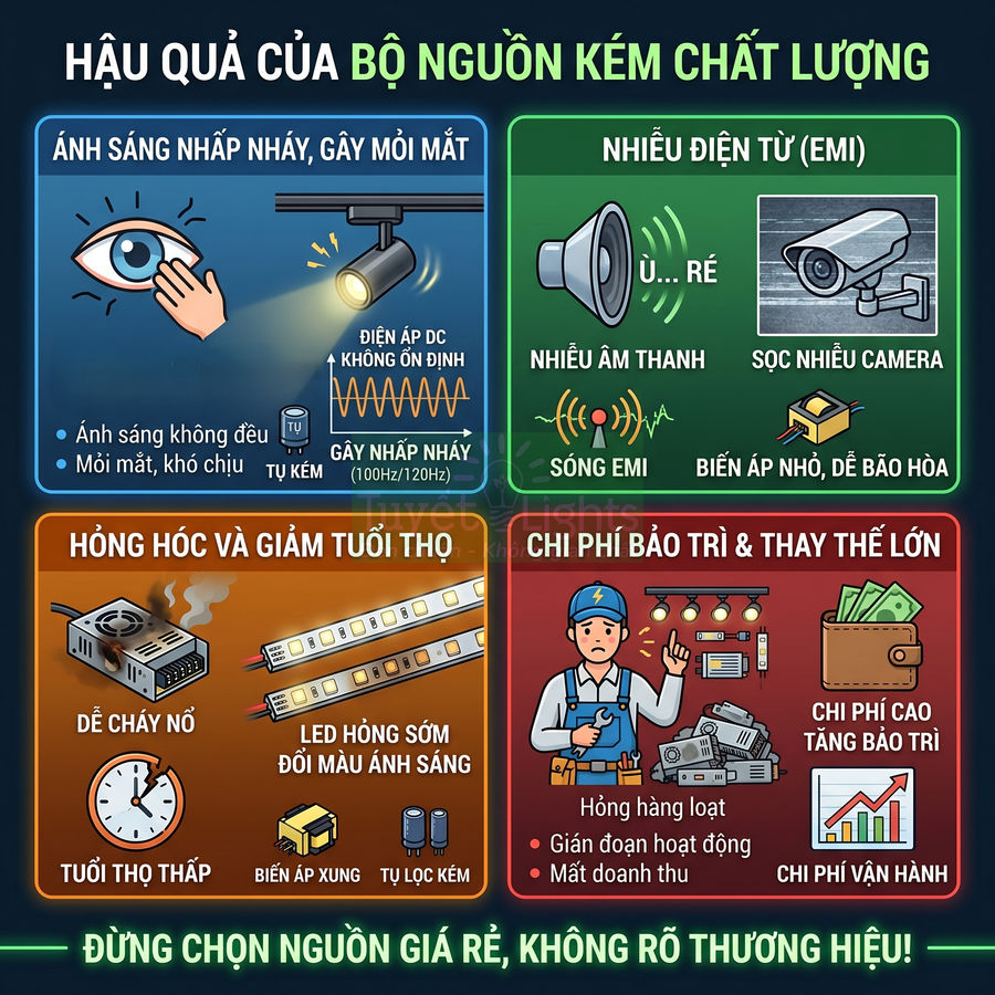 Infographic cảnh báo hậu quả dùng bộ nguồn kém chất lượng cho đèn LED, camera và chi phí bảo trì cao