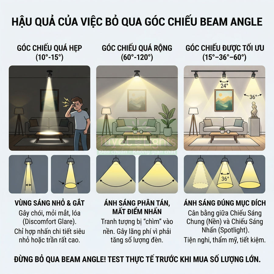 Minh họa so sánh góc chiếu đèn LED hẹp rộng và tối ưu để chiếu sáng phòng khách hiệu quả