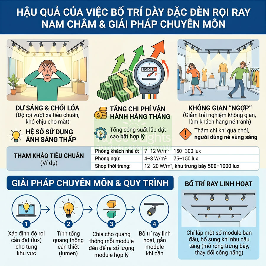 Infographic hậu quả bố trí dày đặc đèn rọi ray nam châm và quy trình giải pháp chiếu sáng chuyên môn