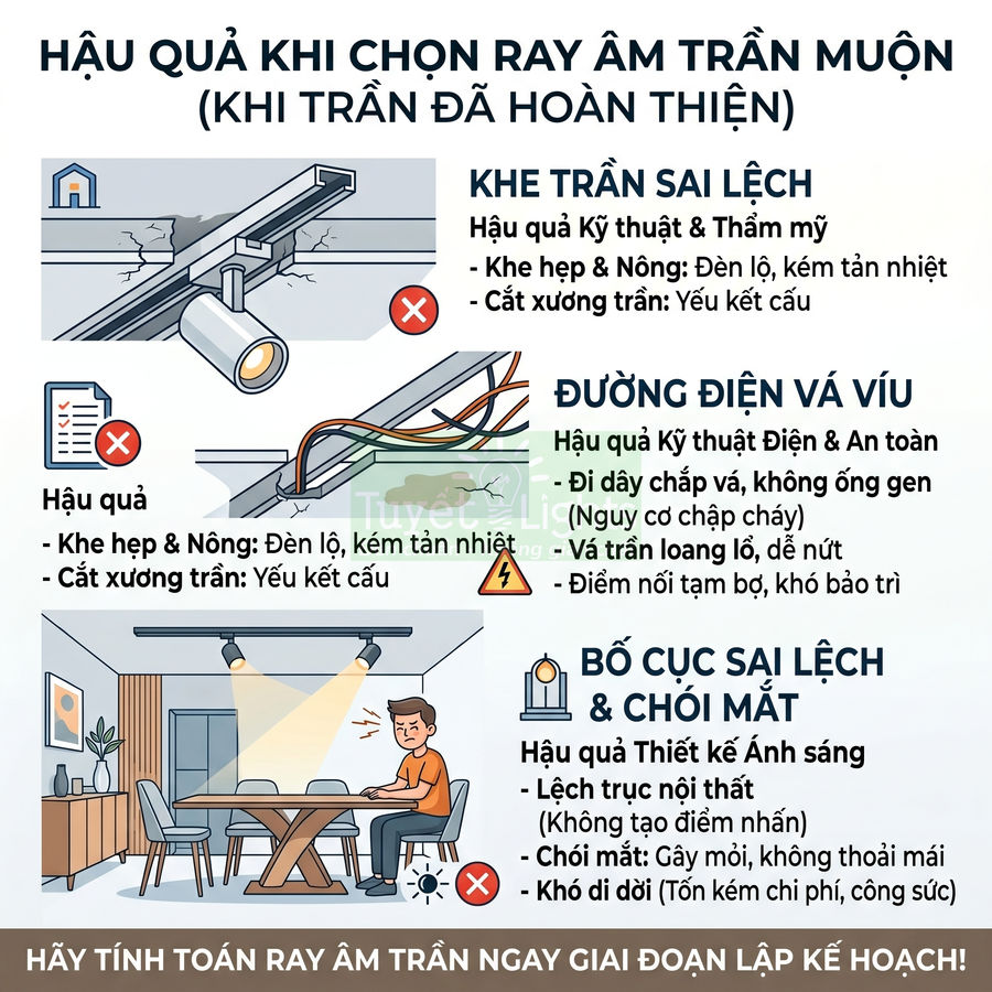 Minh họa hậu quả lắp ray đèn âm trần muộn với khe trần nứt, dây điện vá víu và bố cục chiếu sáng sai lệch
