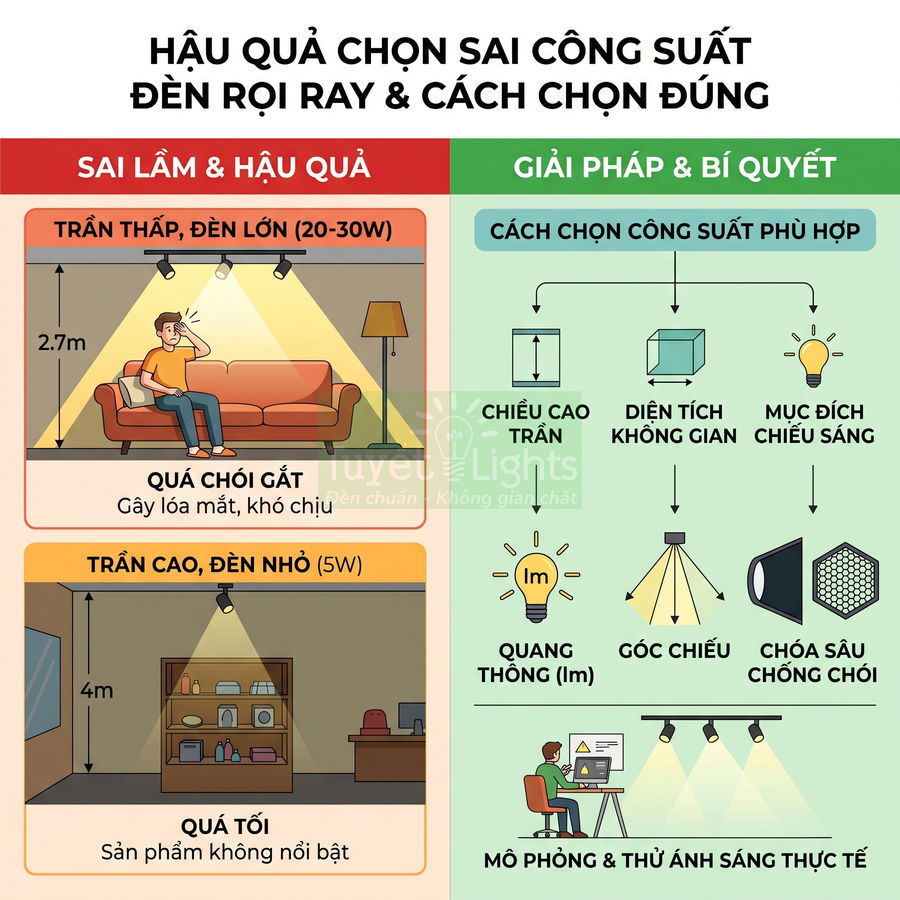 Infographic hướng dẫn chọn công suất đèn rọi ray theo chiều cao trần, diện tích và mục đích chiếu sáng