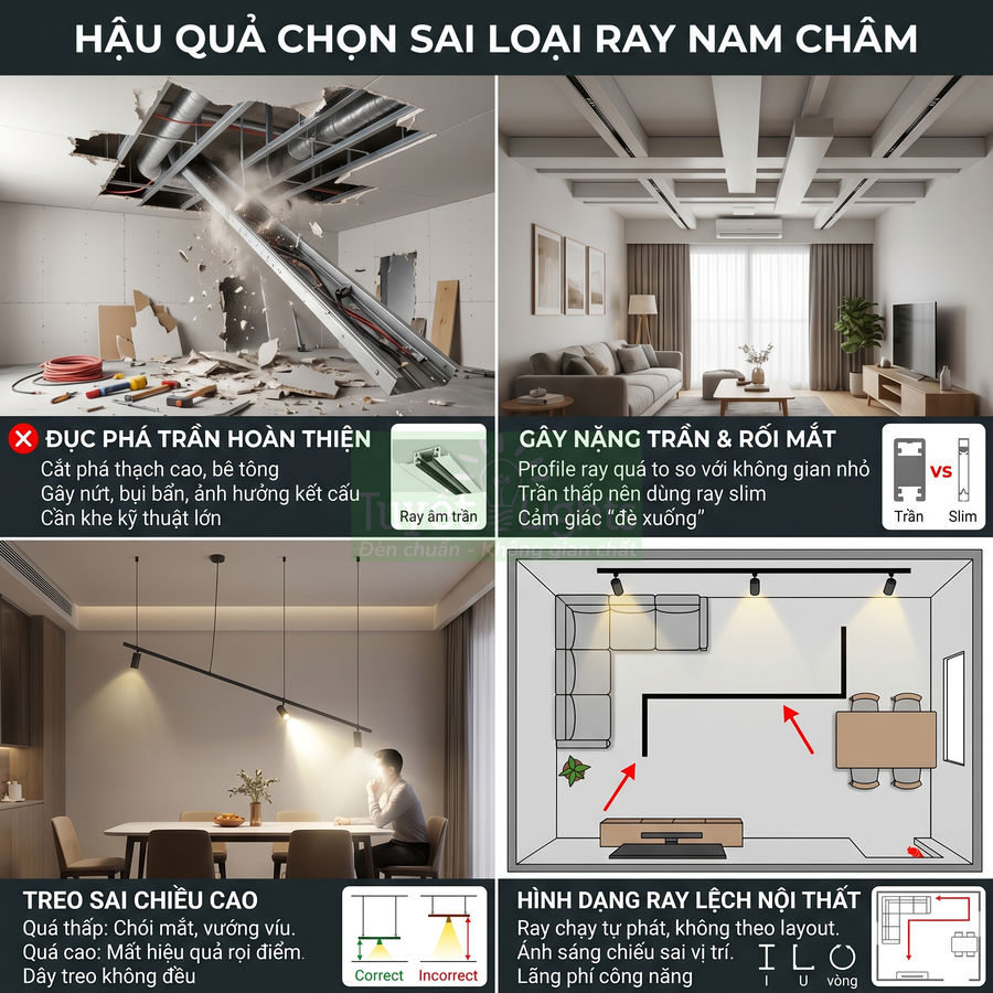 Hậu quả chọn sai loại ray nam châm cho hệ đèn trần, gây phá trần, nặng trần, treo sai cao và lệch nội thất