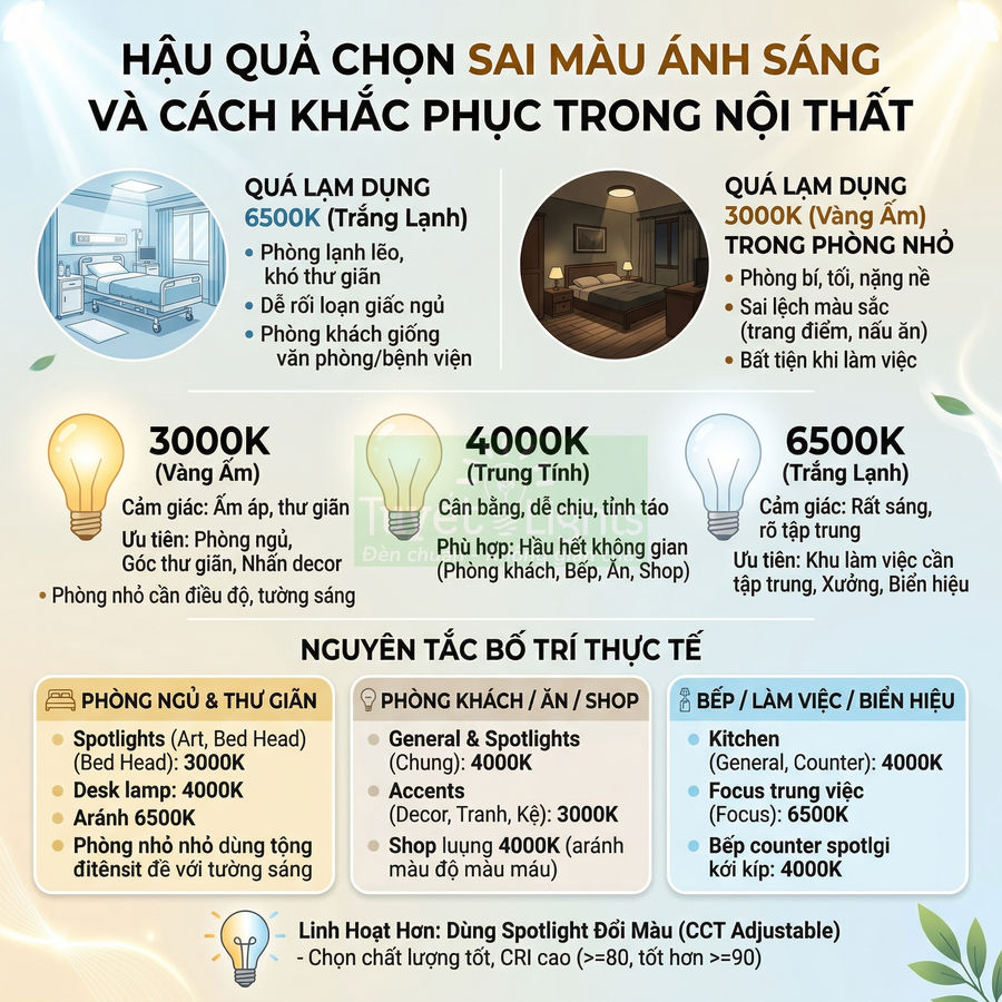 Infographic hướng dẫn chọn nhiệt độ màu đèn LED 3000K 4000K 6500K cho phòng ngủ phòng khách bếp và khu làm việc