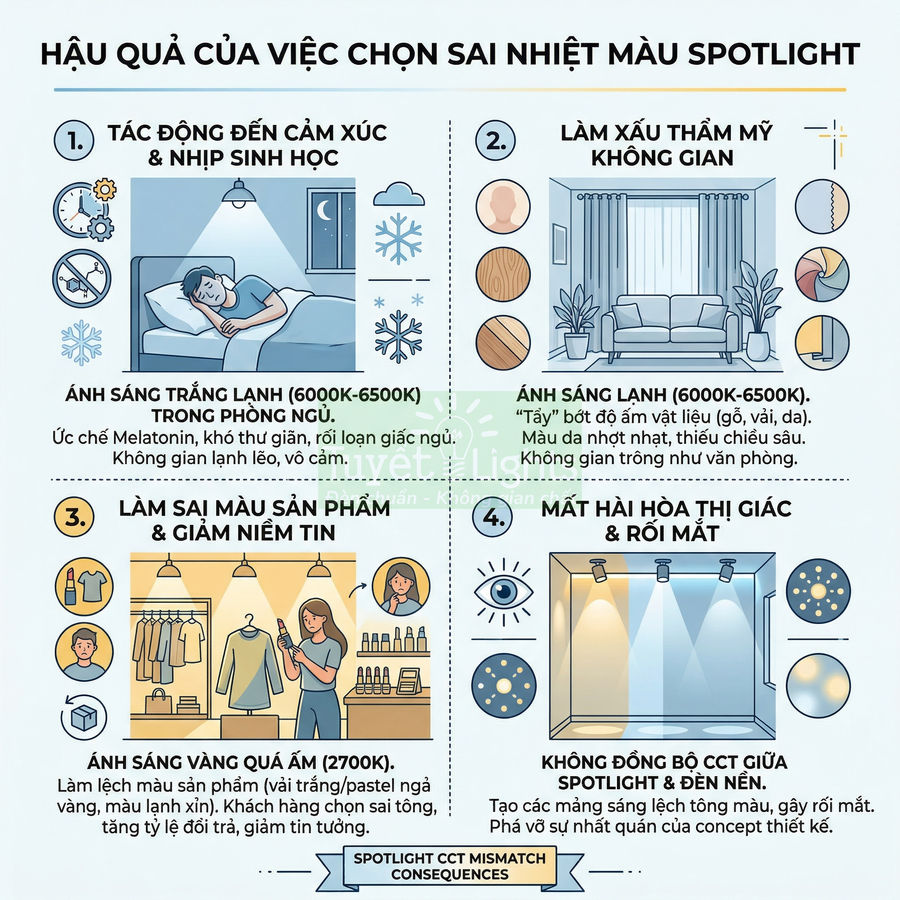 Infographic hậu quả chọn sai nhiệt màu spotlight cho phòng ngủ, phòng khách, cửa hàng và sân khấu