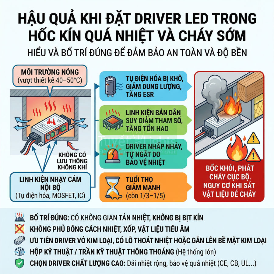Infographic cảnh báo hậu quả đặt driver LED trong hốc kín gây quá nhiệt, giảm tuổi thọ và nguy cơ cháy nổ