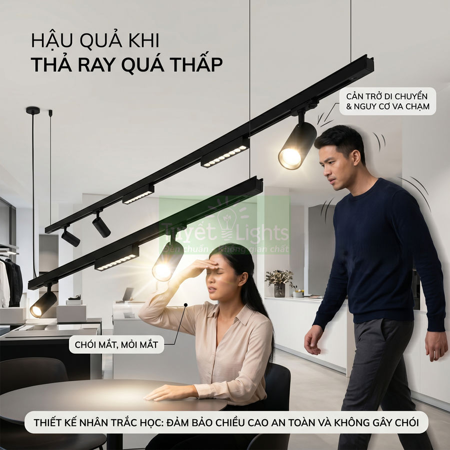 Đèn ray chiếu sáng lắp quá thấp gây chói mắt và cản trở di chuyển trong không gian làm việc