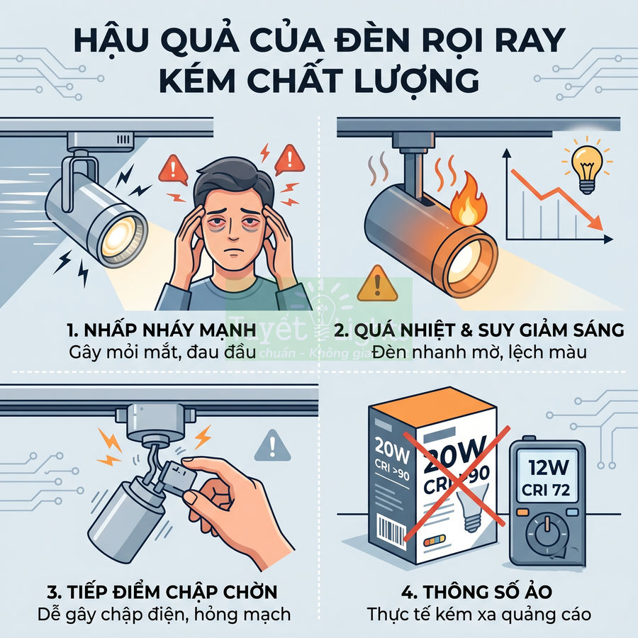 Minh họa hậu quả khi dùng đèn rọi ray kém chất lượng như nhấp nháy, quá nhiệt, chập chờn và thông số ảo