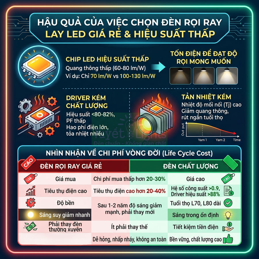 Infographic so sánh hậu quả dùng đèn rọi ray LED giá rẻ hiệu suất thấp với đèn LED chất lượng cao