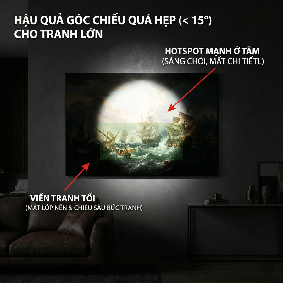 Tranh treo tường lớn trong phòng khách bị chiếu đèn góc hẹp tạo vùng sáng gắt ở giữa và viền tranh tối
